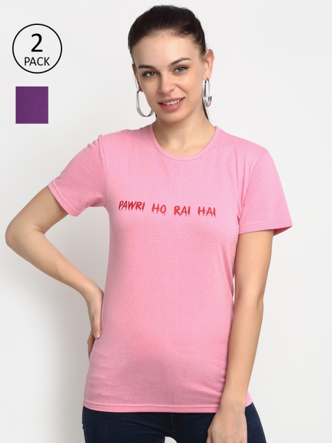

VIMAL JONNEY Women Pack of 2 Purple & Pink Typography Printed T-shirt