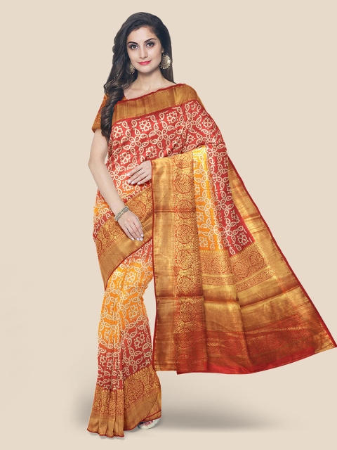 

Kalamandir Orange & White Bandhani Zari Silk Blend Banarasi Saree