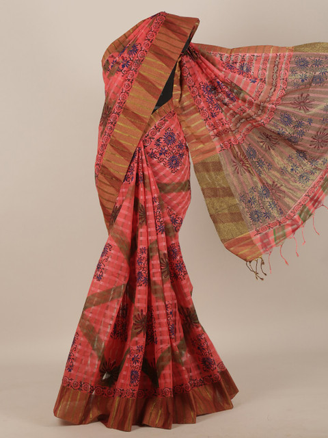 

Pothys Pink Floral Zari Cotton Blend Saree