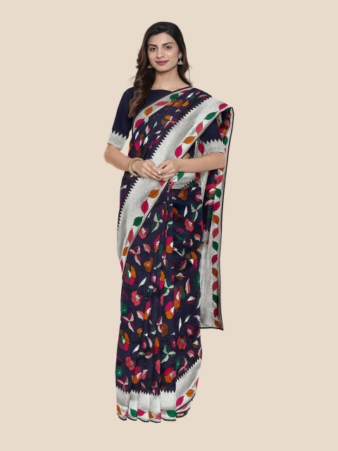 

KLM Fashion Mall Navy Blue & Pink Floral Silk Blend Banarasi Saree