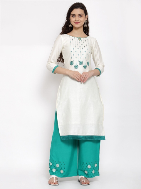 

Me Lady Fashion White & Sea Green Embroidered Semi-Stitched Dress Material