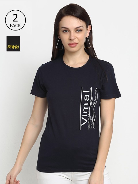 

VIMAL JONNEY Women Cotton Navy Blue & Black Typography Printed T shirt Pack Of 2