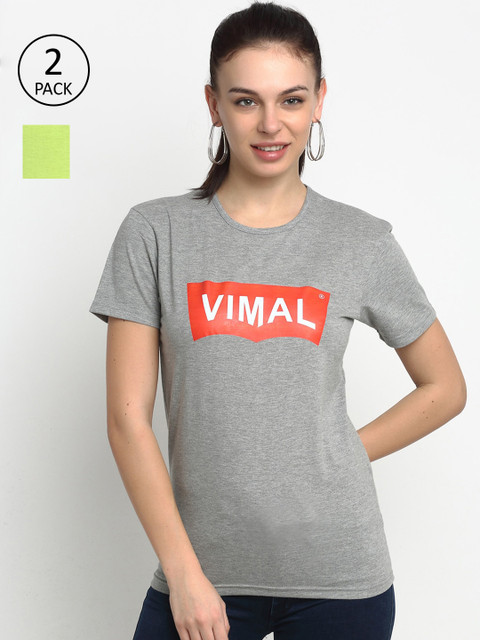 

VIMAL JONNEY Women Pack of 2 Typography Printed Casual T-shirt, Grey
