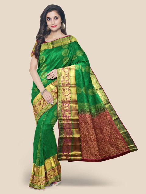 

KLM Fashion Mall Green Ethnic Motifs Zari Silk Blend Kanjeevaram Saree