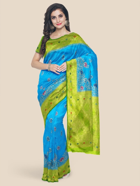 

KLM Fashion Mall Blue & Green Woven Design Zari Silk Blend Banarasi Saree