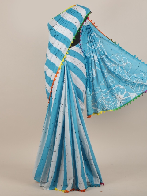 

Pothys Jaipur Cotton Turquoise Blue & White Striped Saree With Blouse Piece