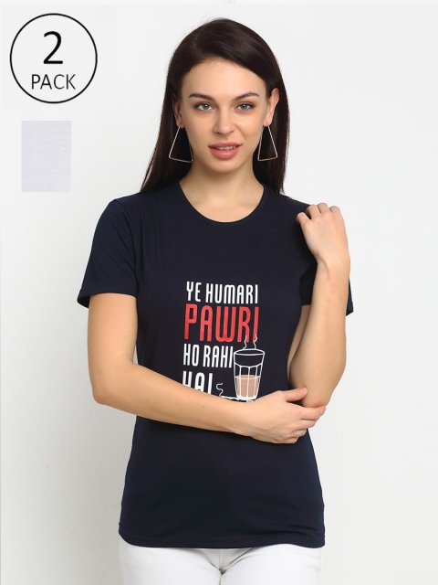 

VIMAL JONNEY Women Pack of 2 Navy Blue & White Printed T-shirt