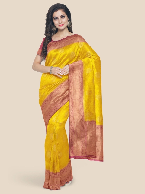 

Kalamandir Yellow & Pink Floral Zari Silk Blend Banarasi Saree