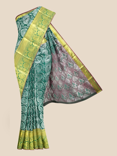 

Kalamandir Green & Assorted Ethnic Motifs Zari Silk Blend Kanjeevaram Saree