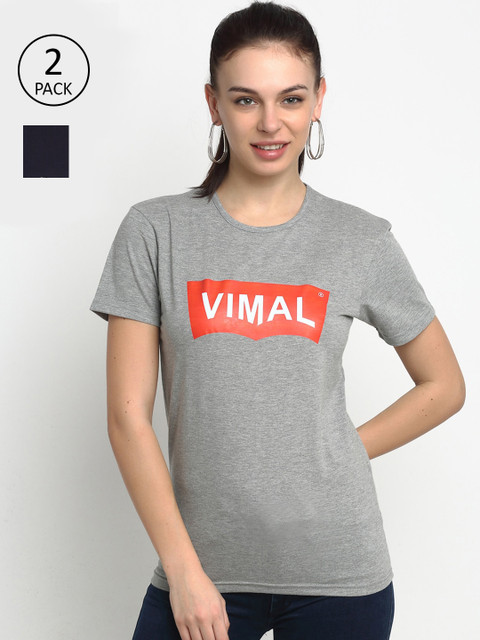 

VIMAL JONNEY Women Cotton Grey & Black Typography Printed Round Neck T shirt Pack of 2