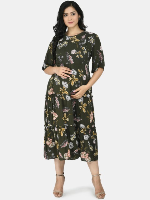 

Aaruvi Ruchi Verma Green Tropical Crepe Maternity A Line Midi Dress