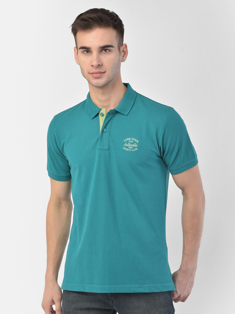 

COBB Men Teal Solid Polo Collar Cotton T-shirt