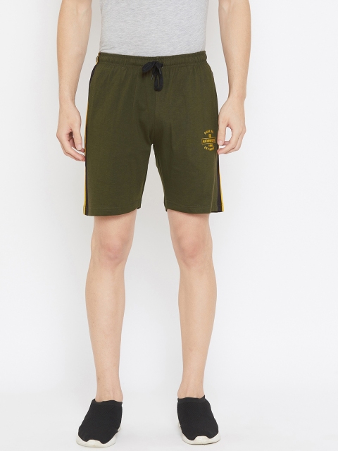 

Duke Men Olive Green Solid Cotton High-Rise Shorts with Printed & Side Striped Detail