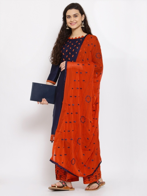 

Me Lady Fashion Navy Blue & Orange Embroidered Semi-Stitched Dress Material