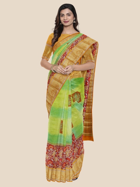 

KLM Fashion Mall Green & Red Floral Silk Blend Saree