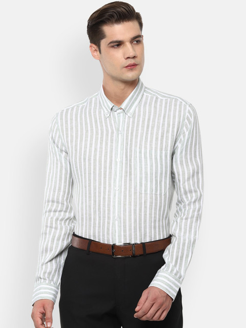 

Louis Philippe Men White & Olive Green Slim Fit Striped Linen Formal Shirt
