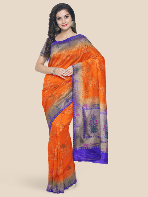 

KLM Fashion Mall Orange & Blue Woven Design Silk Blend Banarasi Saree