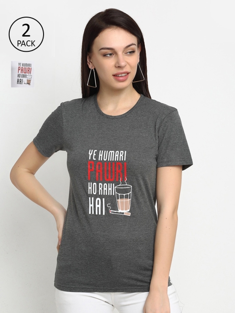 

VIMAL JONNEY Women Pack Of 2 Grey & White Graphic Printed Cotton Blend T-shirts