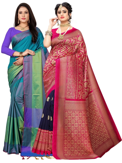 

KALINI Pack Of 2 Pink & Green Ethnic Motifs Zari Art Silk Sarees