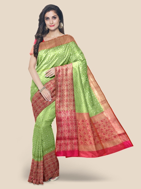 

KLM Fashion Mall Green & Red Woven Design Zari Chanderi Saree