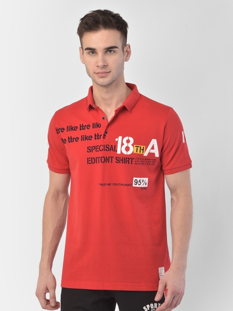 

COBB Men Red Typography Printed Polo Collar Slim Fit Cotton T-shirt