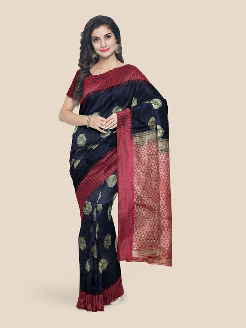 

KLM Fashion Mall Navy Blue & Red Ethnic Motifs Zari Silk Blend Kanjeevaram Saree