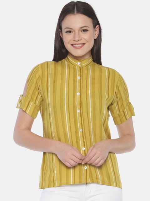

COUPER & COLL Women Yellow Striped Mandarin Collar Shirt Style Casual Top