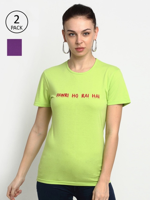 

VIMAL JONNEY Women Pack of 2 Green & Purple Typography 2 Printed T-shirt