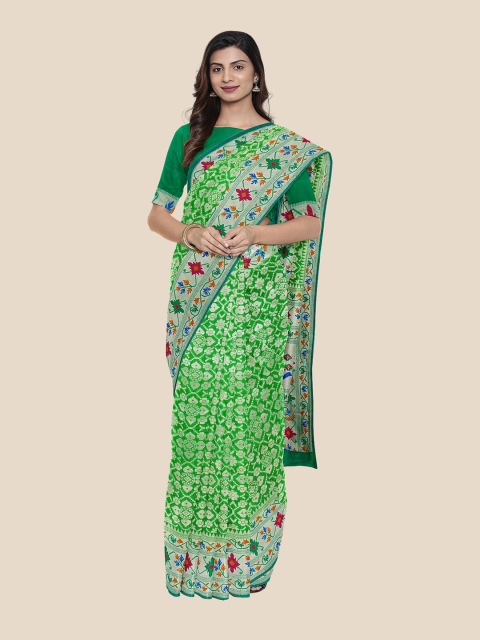 

KLM Fashion Mall Lime Green & Pink Woven Design Silk Blend Banarasi Saree