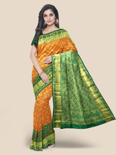 

Kalamandir Orange & Green Floral Zari Silk Blend Kanjeevaram Saree