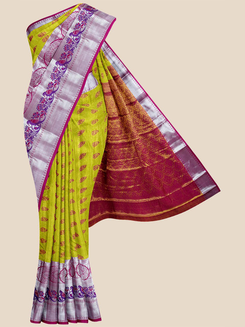 

Kalamandir Green & Maroon Ethnic Motifs Zari Silk Blend Kanjeevaram Saree