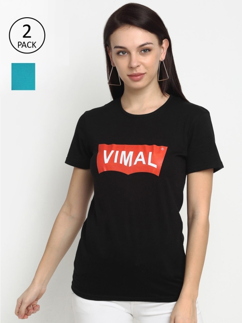 

VIMAL JONNEY Women Pack Of 2 Black & Teal Blue Typography Printed T-shirt