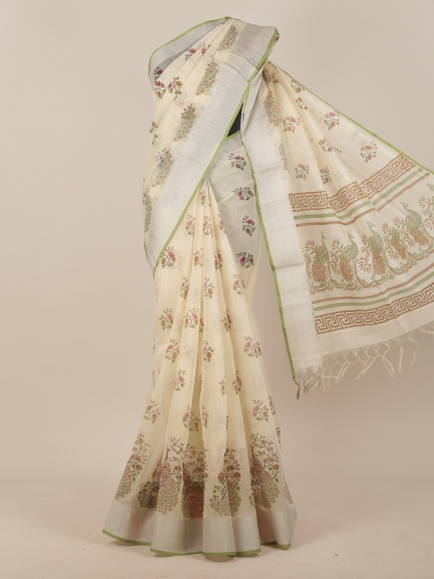 

Pothys Cotton Blend Cream & Green Ethnic Motifs Saree