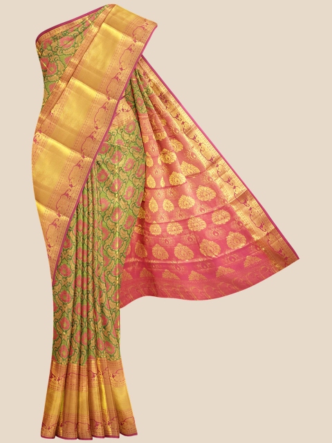

Kalamandir Green & Gold-Toned Woven Design Silk Blend Kanjeevaram Saree