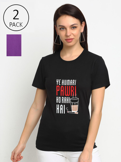

VIMAL JONNEY Women Set of 2 Purple & Black Typography Printed T-shirts