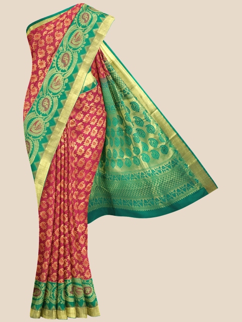 

Kalamandir Red & Green Ethnic Motifs Silk Blend Kanjeevaram Saree