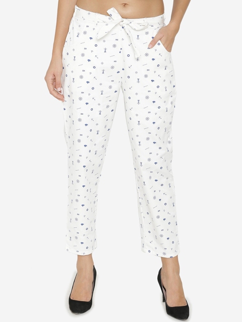

Yaadleen Women White & Blue Cotton Printed Regular Trousers