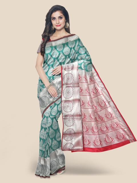 

Kalamandir Sea Green & Red Floral Silk Blend Kanjeevaram Saree