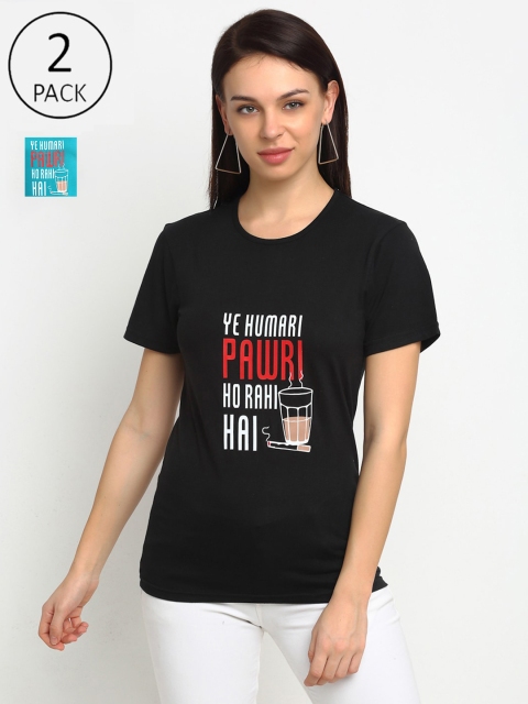 

VIMAL JONNEY Women Set of 2 Black & Turquoise Blue Typography Printed T-shirts