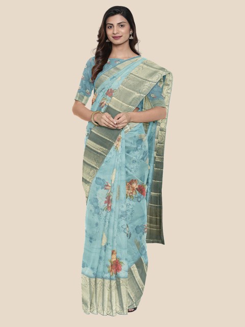 

KLM Fashion Mall Blue Floral Zari Silk Blend Banarasi Saree