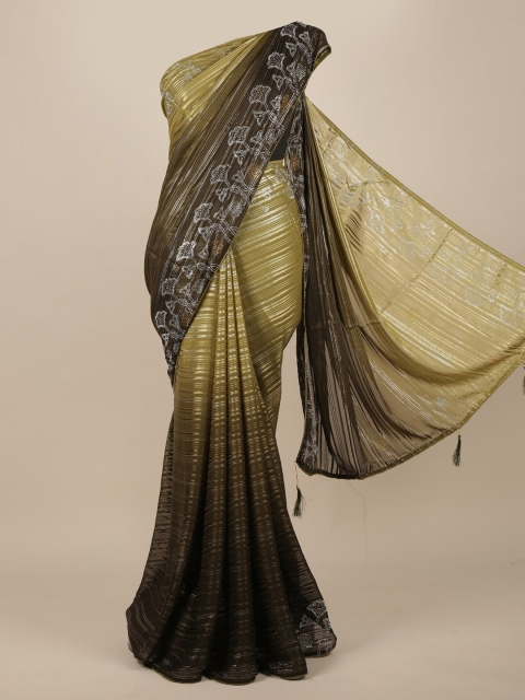 

Pothys Green & Silver-Toned Striped Beads and Stones Saree