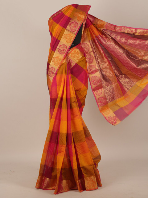 

Pothys Orange & Pink Ethnic Motifs Zari Silk Cotton Saree