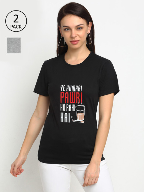 

VIMAL JONNEY Women Pack of 2 Black & Grey Typography Printed T-shirt