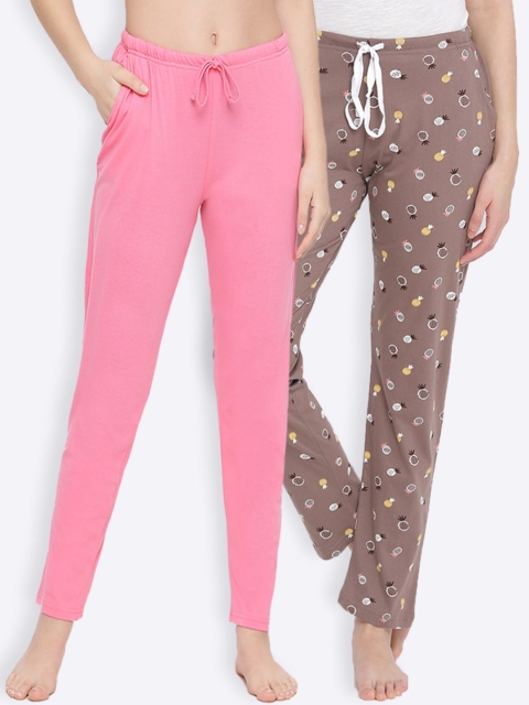 

Kanvin Women Pack Of 2 Printed Pure Cotton Lounge Pants, Pink