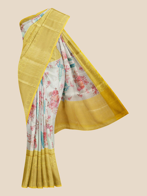 

KLM Fashion Mall Off White & Pink Floral Zari Silk Blend Banarasi Saree