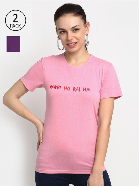 

VIMAL JONNEY Set Of 2 Women Purple & Pink Typography Printed T-shirt