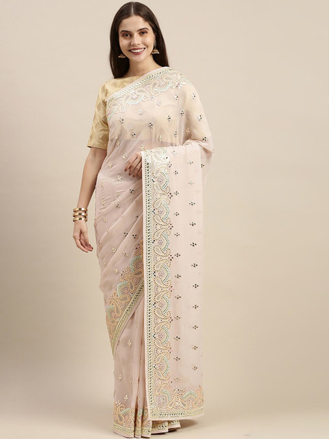 

Soch Pink & Sea Green Floral Mirror Work Pure Georgette Heavy Work Saree