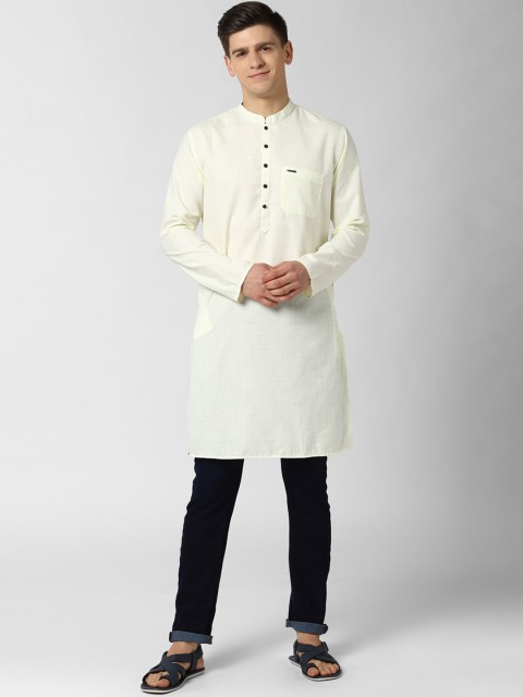 

Peter England Men Cream Coloured Woven Design Straight Kurta