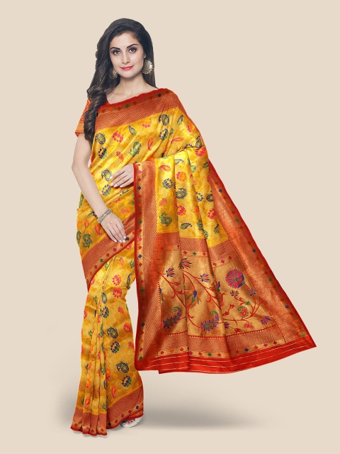 

KLM Fashion Mall Yellow & Pink Woven Design Silk Blend Banarasi Saree