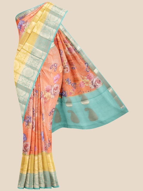 

KLM Fashion Mall Orange & Turquoise Blue Floral Zari Silk Blend Banarasi Saree